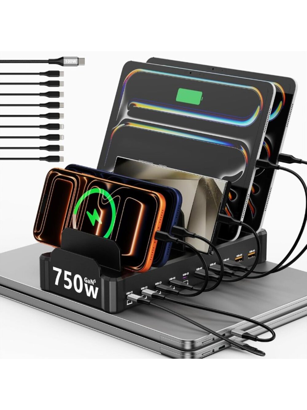 750W Multi-Device Charging Station, 10-Port Fast Charger, USB-C & USB-A Hub